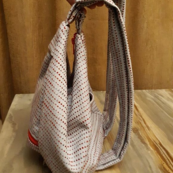 Double Handle Sling Purse Backpack Bag Blue Denim Polla Dot Red Multi Zippers - Picture 6 of 14